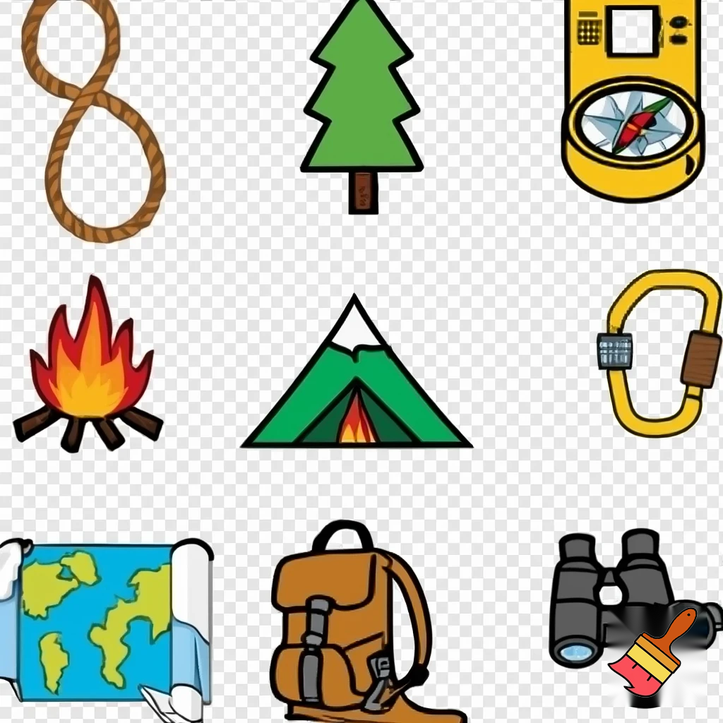 single icons of nature exploration in cartoon style : cord, fir tree, mountain, campfire, tent, carabiner, compass, backpack, world map, hiking shoe, binoculars