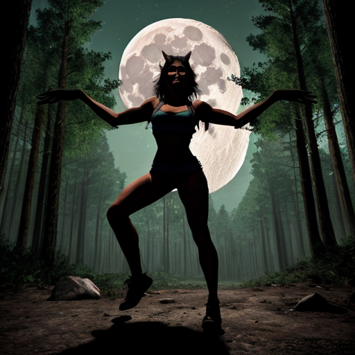 athletic female werewolf shifter. standing in front of the moon. dynamic pose. high quality. in the style of dungeons and dragons. detailed forest background.
