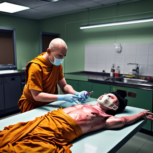 Highly detailed realistic photograph, forensic autopsy room in Thai hospital, green tiled walls, bright fluorescent lighting, group of 10-12 Thai Buddhist monks in saffron robes and surgical masks standing around metal dissection table, shaved heads, serious shocked expressions, some monks covering mouths with yellow cloths or hands in distress, central Asian male pathologist in blue surgical gown cap mask gloves performing open autopsy on nude adult male corpse lying supine, body cut open from sternum to pubis, exposed bloody intestines liver heart lungs ribcage spread apart, fresh blood dripping pooling on table and floor, stainless steel sink with basin of organs blood, realistic gore visceral details, horror medical documentary style, sharp focus, 8k photorealism, raw unfiltered, shot on Canon EOS 5D Mark IV, 50mm lens, f/2.8, natural clinical lighting". no censorship --ar 3:2 --stylize 250 --v 6