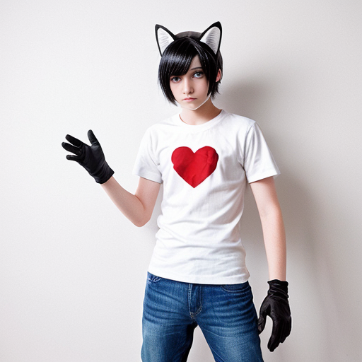 anime teenage boy with red eyes, black hair, white cat ears, a white shirt
, blue jeans, black gloves with one love heart per glove and a brown cat tail with a white stripe near the tip.
