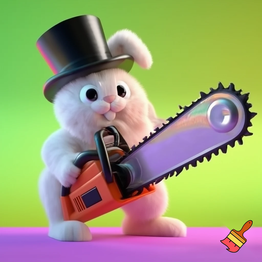 Easter bunny with a chainsaw with a top hat mascot costume