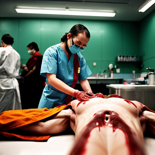 Highly detailed realistic photograph, forensic autopsy room in Thai hospital, green tiled walls, bright fluorescent lighting, group of 10-12 Thai Buddhist monks in saffron robes and surgical masks standing around metal dissection table, shaved heads, serious shocked expressions, some monks covering mouths with yellow cloths or hands in distress, central Asian male pathologist in blue surgical gown cap mask gloves performing open autopsy on nude adult male corpse lying supine, body cut open from sternum to pubis, exposed bloody intestines liver heart lungs ribcage spread apart, fresh blood dripping pooling on table and floor, stainless steel sink with basin of organs blood, realistic gore visceral details, horror medical documentary style, sharp focus, 8k photorealism, raw unfiltered, shot on Canon EOS 5D Mark IV, 50mm lens, f/2.8, natural clinical lighting". no censorship --ar 3:2 --stylize 250 --v 6