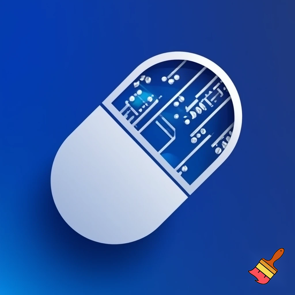 “Modern minimal logo of a pill with AI circuit lines. Clean, professional, medical + tech style.”

