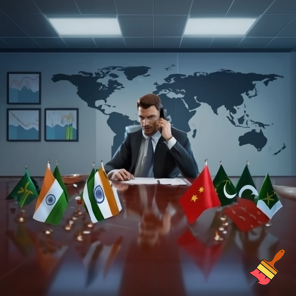 In a business room, a businessman in a suit is sitting at a table and talking on the phone. On the table are flags of Iraq, Afghanistan, China, India, Turkey, Tajikistan, Pakistan. On the wall of the room are boards with sales charts. On the wall is a large board with a world map.