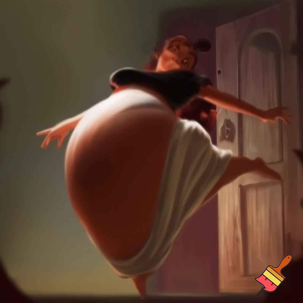 Vorrei che generassi un'immagine dove la donna in questa foto sta ballando e il personaggio in pov le fa un pollice in sù con la mano destra. Sullo sfondo, mettici una porta ben visibile. Mi raccomando, la pancia deve essere molto gonfia e coperta come nella foto.