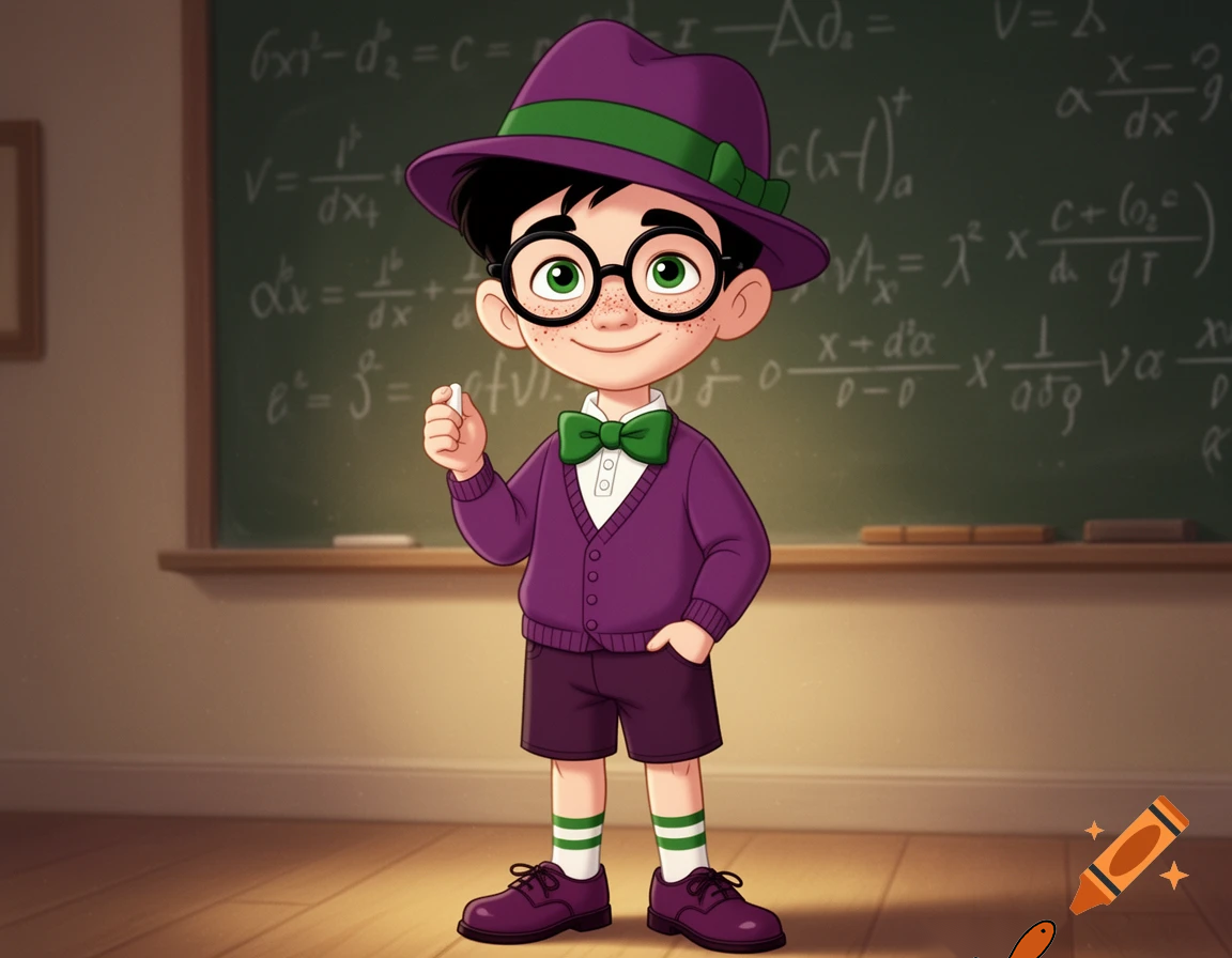 A scene from a 1980's animated Don Bluth movie of a little boy with pale skin, green eyes, freckles, short black combed-back hair, wearing a plum purple trilby hat with a green band, big round black glasses, a white short-sleeved polo shirt with a plum purple cardigan sweater over it, a green bowtie, darker plum purple shorts, white & green striped socks, and darker plum purple oxford shoes, holding a piece of chalk in his hand, and standing in front of a chalkboard with a ton of equations written on it, with a smug smile on his face.