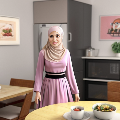 Pixar-style 3D cartoon, Muslim woman, 50 years old, fully covered, headscarf covering all hair, modest appearance, wide flowing pink dress, standing in a modern living/dining room, placing plates on the table, preparing food to eat, medium-class interior, neutral colors, simple furniture, cozy atmosphere, bright friendly lighting, simple cartoon style