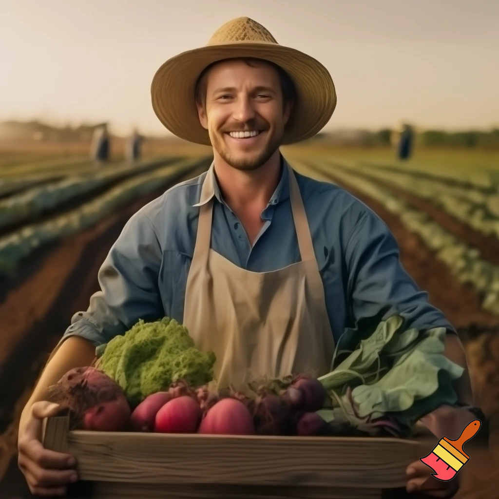 Cinematic portrait of a young farmer smiling confidently, 25–30 years old, fair skin, wearing a wide-brim straw hat, light blue work shirt and beige apron. He carries a wooden crate full of freshly harvested vegetables on his shoulder: beets with vibrant green leaves, lettuce, radishes and leafy greens. Shot outdoors in a cultivated rural field with long crop rows. Golden hour lighting, warm sunlight, cinematic color grading, soft highlights and natural shadows. Shallow depth of field, background slightly blurred, farm workers visible in the distance. Ultra-realistic photography, 35mm lens look, high dynamic range, authentic rural atmosphere, inspirational and emotional tone, sustainable agriculture, film still quality. Optional parameters (Midjourney): --ar 16:9 --v 6 --style raw --q 2