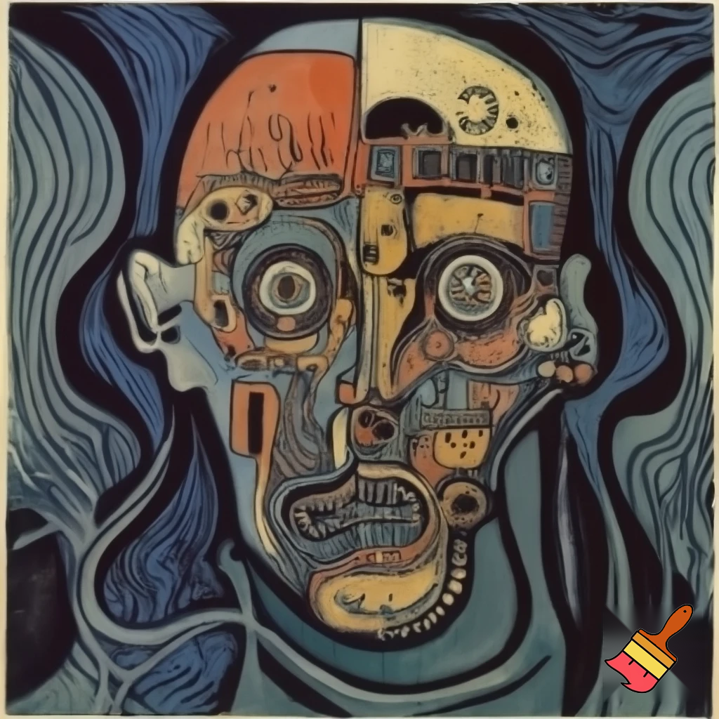 Bio-mechanical post-human noise art. In the style of a 1920's German Expressionist woodcut print.