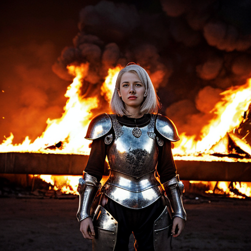 young, tall, white-haired woman in armor stands in front of a burning castle into which meteorites are falling.