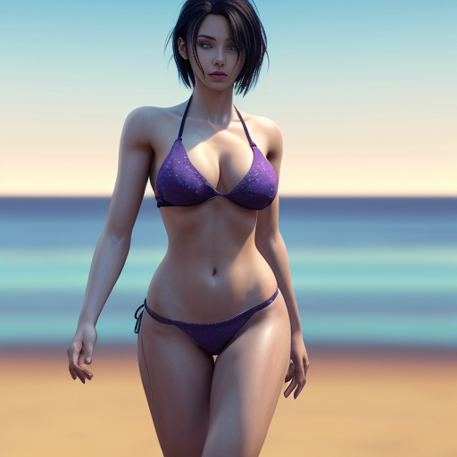 Full shot, (wide shot), dynamic pose,  photoshoot, vibrant colors, glossy skin, official epic artworks, masterpiece, amazing quality, best quality, absurdres, absurdres background, high resolution, very aesthetic, ((cell shading)),  ultra-detailed, newest, intricate, exquisite, delicate, professional, dynamic, Stylized, cleanliness, 3d, ultra realistic, detail skin:1.3, shiny skin, 

(1girl, 1animal), beach, island, walking, 
big animal,  white tiger ,companion, 
((Futanari)), bulge,  navel piercing, (((perfect round breasts))), huge breasts, toned thighs, (anatobimbo), 
misakov2, short hair, black hair, purple hair, tanlines, blue_eyes, sling bikini top,