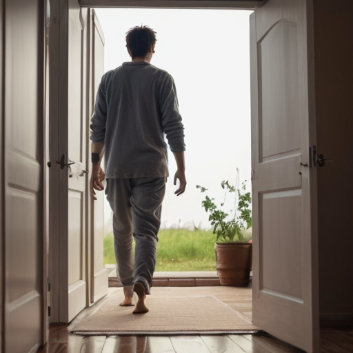 He is has just woken up. He gets out of bed in his boxes and walks through his house. He eventually walks outside. The morning breeze hits him