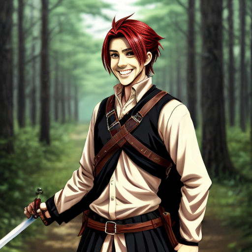 Anime style adult male, neat red hair, smiling, yellow snake eyes but otherwise no snakelike features, has a sword in a scabbard on his back, slim with creative dark medieval clothes, no armor, forest background