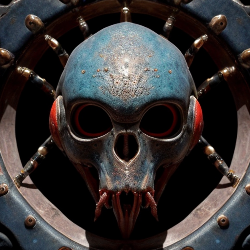 ​A highly detailed, photorealistic biomechanical alien spaceship floating in deep space. The ship is a grotesque, asymmetrical fusion of organic and mechanical parts. Its outer hull features weathered, pale greyish-green chitinous armor plating reminiscent of a giant insect shell, interspersed with exposed, glistening wet red muscles, veins, and gore. Intricate dark metallic cables, segmented robotic joints, and sharp metal spikes weave intricately through the raw flesh. The hull is studded with multiple large, glowing, translucent azure blue dome-like eyes. Near the upper right, a secondary cluster of smaller, glowing yellow and blue robotic eyes emerges from the bloody tissue. At the base is a circular, ribbed, toothy maw with dangling dark red, fleshy biomechanical tentacles and wires extending downward. The background is a breathtaking cosmic vista with vibrant purple and emerald green nebulas, stars, and floating rock debris. Cinematic lighting, hyper-detailed, 8k resolution, macro-photography details on the wet flesh and scratched metal, dark sci-fi, cosmic horror, HR Giger meets David Cronenberg, masterpiece