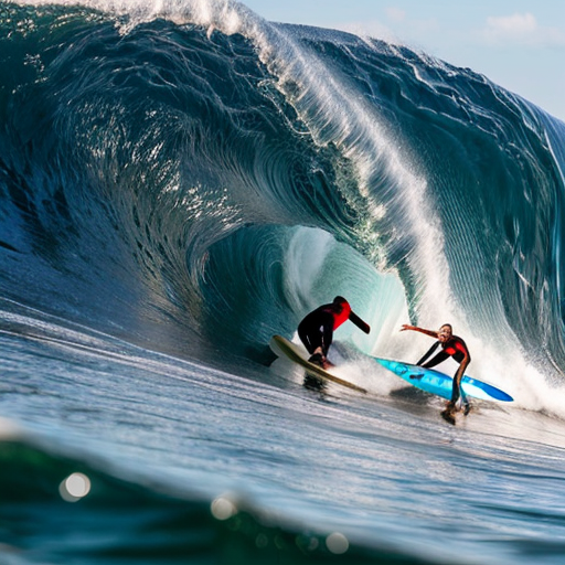 An male and an Female surfer on an single big wave surfing, the water is clear 