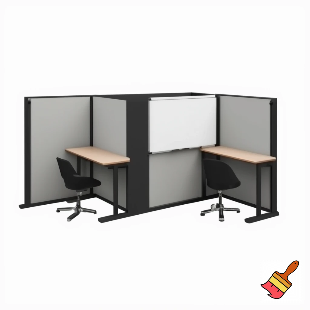 en arbejdsstation , som består af 2 væg 1,5 m høje ( på den ene - er whiteboard, på den anden - en skærm), med et klapbord på den ene side af hver væg, 2 stole på begge sider af hvert klapbord