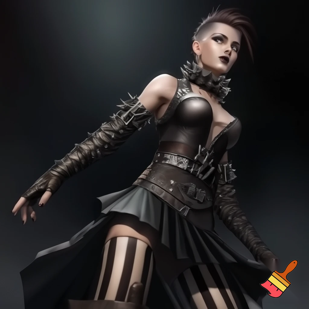 Attractive woman with an undercut and bold makeup wearing a spiked collar, buckle arm warmers, a corset, a body belt, a pleated skirt, vertical striped stockings and platform boots 
