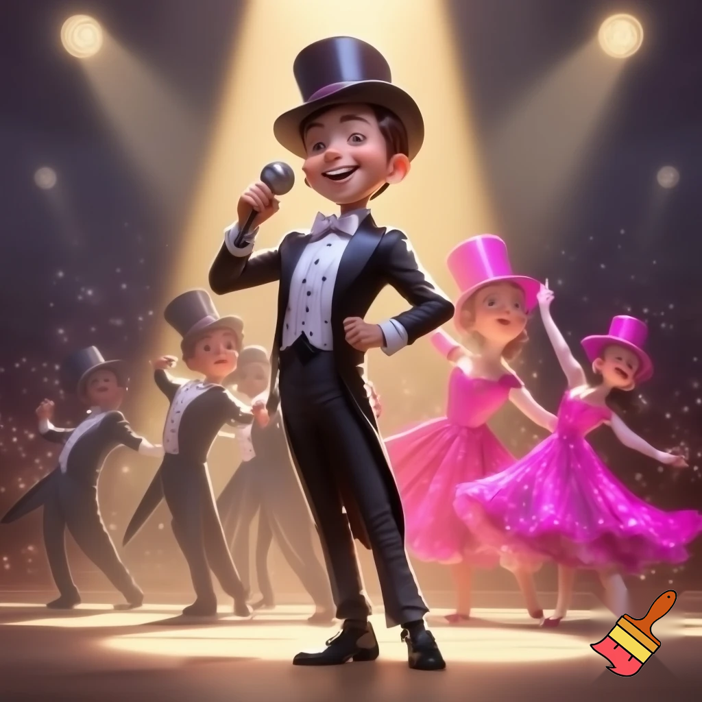 Preteen Boy in Shiny Top Hat White Bowtie Black Tailcoat Black Shiny Shoes Singing in Microphone on big Stage smiling. Behind him, two dancing boys in Top Hats and Tailcoats and two dancing Girls in Shiny Pink Hats and Sequined Pink Ballroom Dresses