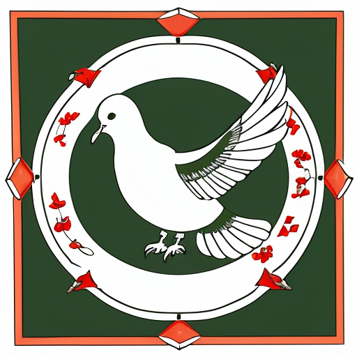 a flag with a dove in the middle and line designs behind the dove and in the mouth have a flower and the background green
