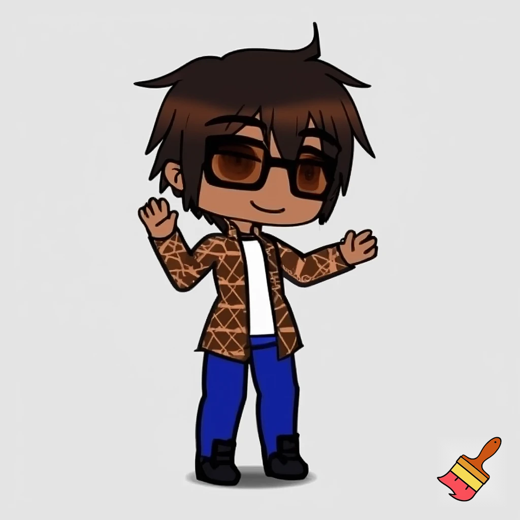 A Gacha brown skinned boy with dark brown hair, brown glasses and a brown pattern jacket with a white shirt, blue pants and black shoes. Waving at the camera 