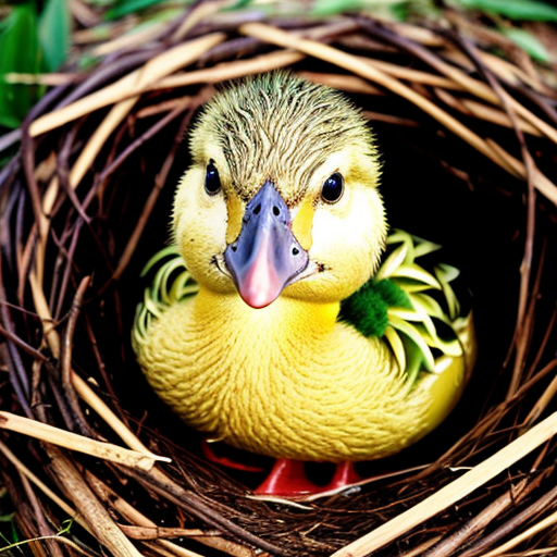 Green duckling, orange, purple duckling sitting in the nest.
