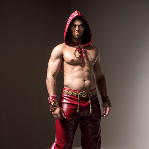 The clothing this body wore was different from that of the traditional gumental garb. He did not wear any long flowing robes. Instead, he wore a shirt and pants that were made of large dark red leather strips, which had been stitched together at a bent angle so that the strips pointed downward along the belly, the arms, and the legs. It had a hood crafted in the same fashion. fantasy