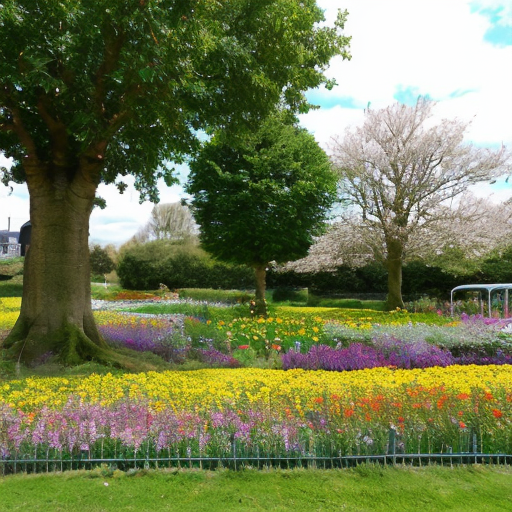 A park with a flower field the shop Morrisons a green frizzbee  and a big red leaved tree and a small flower garden 
