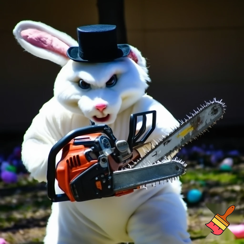 Easter bunny mascot costume top hat🚪 Easter bunny with a chainsaw