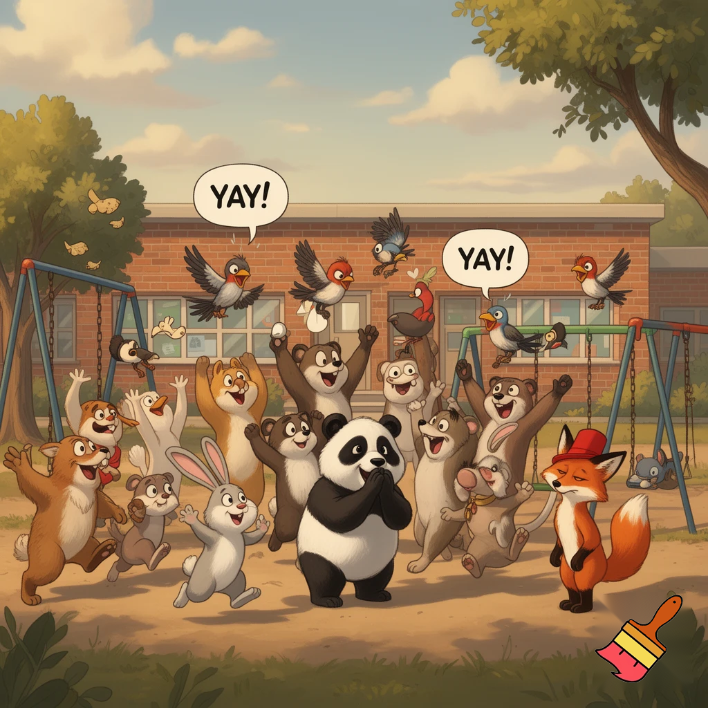 and then all the animals cheer out yay exeft the fox with the red hat at school