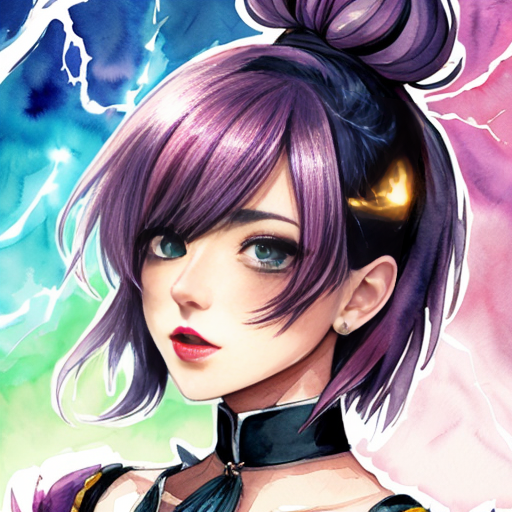 anime art of corrupted Keqing from Genshin Impact, light purple short hair with tassel hairpin, glowing magenta eyes, glowing lightning veins on face and forehead, dark fantasy outfit with blue gems, dramatic dark purple and orange fire background, detailed anime illustration, sharp features, cinematic lighting, Japanese anime style, moe aesthetic, cel shading, clean line art
