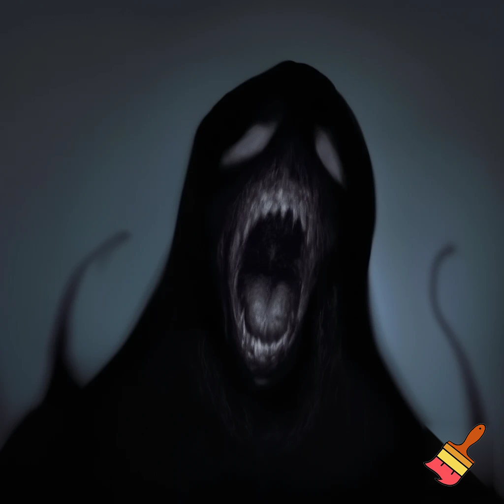 Quiero generar una imagen de terror donde una entidad sin ojos emerge de la oscuridad. Su cuerpo está parcialmente cubierto por sombras, con la boca abierta en una expresión inquietante, como si estuviera observando directamente al espectador e invadiendo su espacio. La atmósfera debe transmitir una sensación de miedo y tensión, con iluminación tenue y un fondo sombrío que aumente el horror.