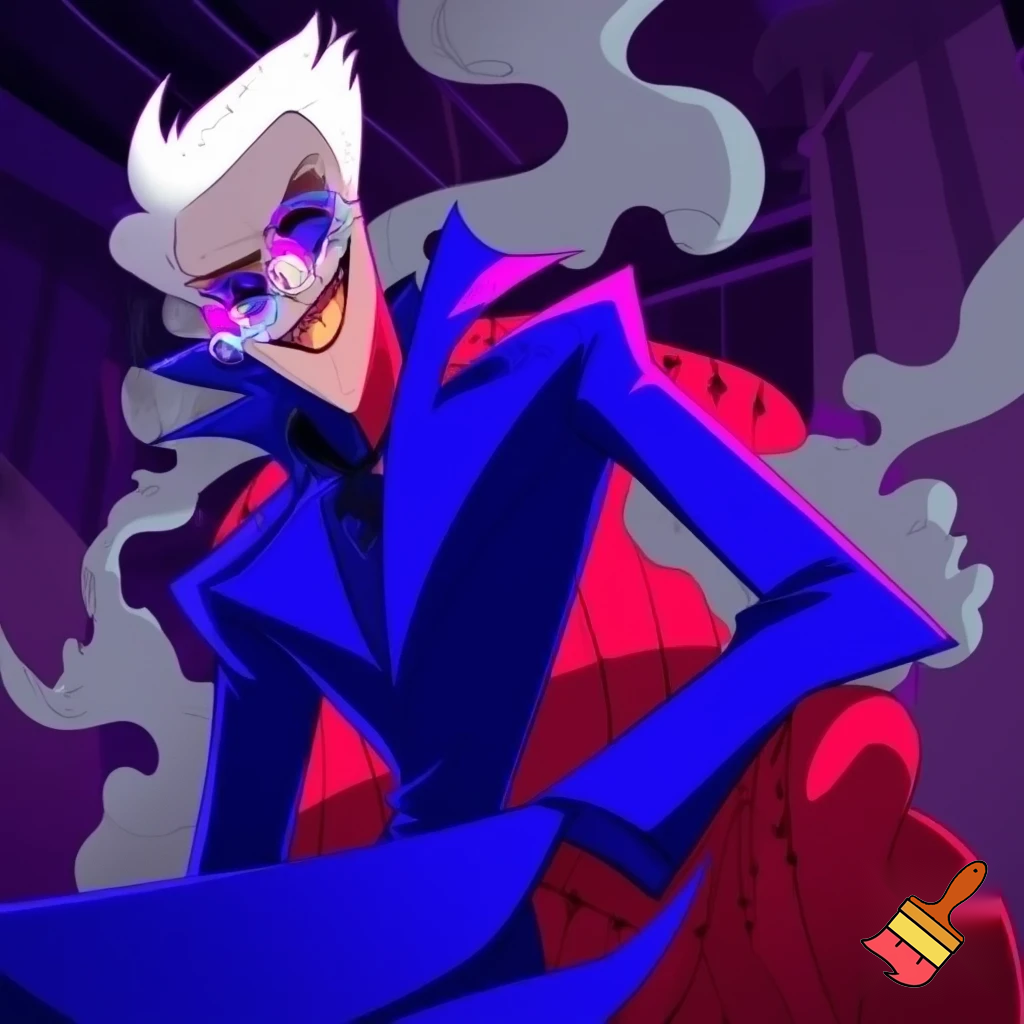 A tall, lean pale man with white hair, distinctive round brass glasses In cartoonish art style of hazbin hotel wearing his signature blue overcoat and smoke curling around him