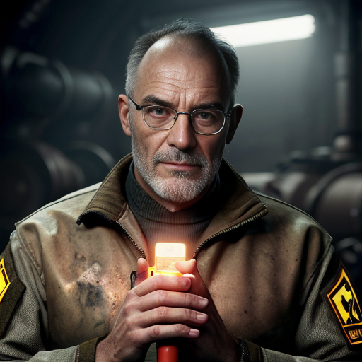 Cinematic portrait of Ingeniero Valdés, a rugged elderly scientist with weathered skin and sharp grey eyes. He wears a heavy olive-drab tactical field jacket over a dark red sweater. Messy salt-and-pepper hair, thick dark-rimmed glasses with visible scratches. Holding a retro-futuristic bronze device with glowing blue tubes. Hyper-realistic, 8k resolution, detailed texture, dark workshop background with floating dust particles, gritty atmosphere, moody lighting.
