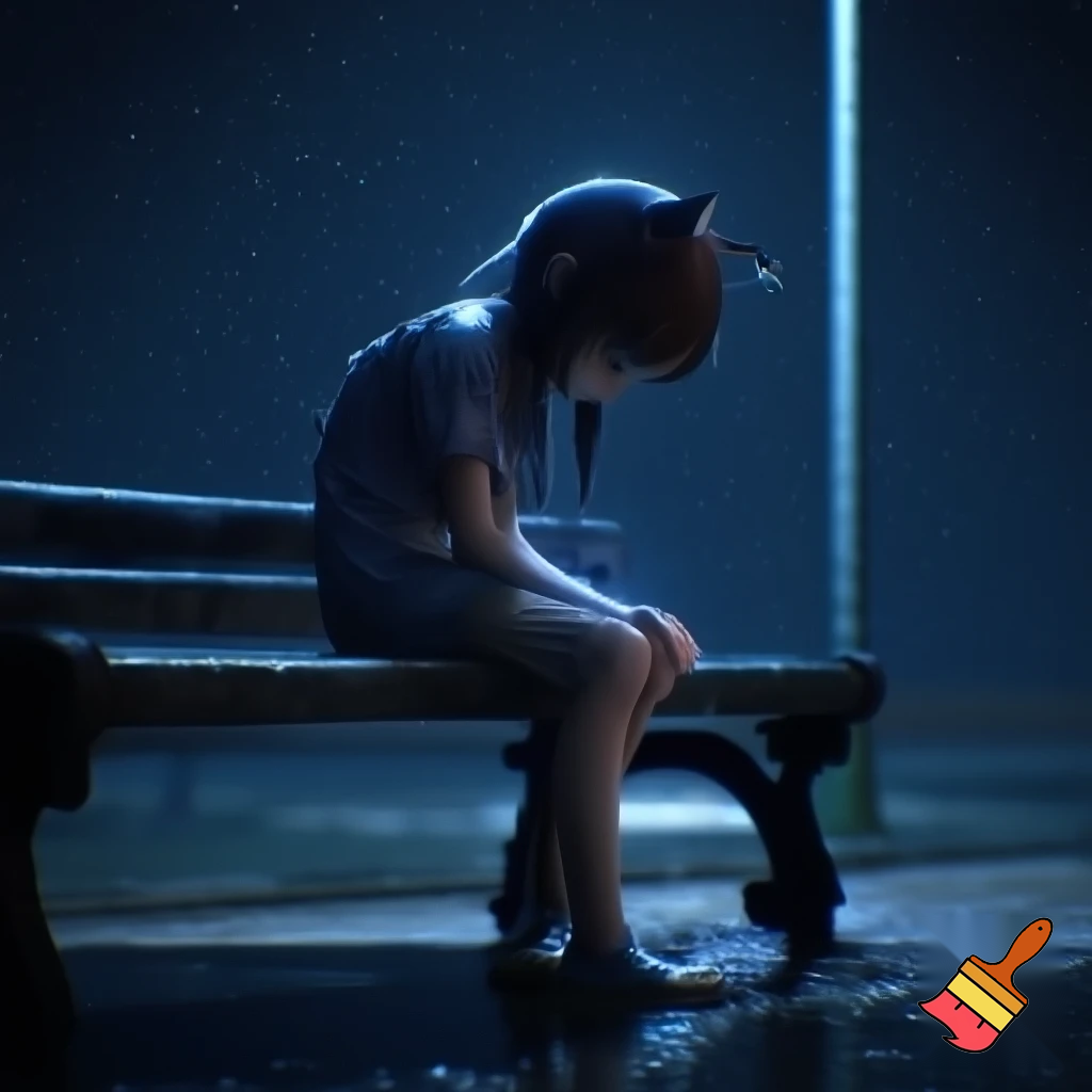 “3D cinematic shot of the cat-girl sitting on a street bench under a dim streetlight, drenched clothes, soft raindrops on fur, eyes downward, emotional mood, dark blue night tone, high detail, same character face and dress.”
