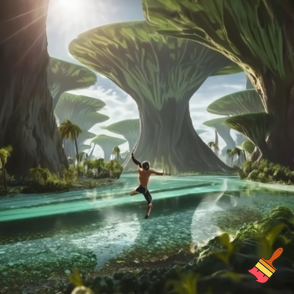 First glimpse of alien paradise — huge engineered trees humming, shimmering transparent rivers, empty paradise with no fauna, human-like figure rising above ground mid-leap (unexpected anti-gravity), dynamic motion blur, sunlight flares, cinematic wide shot, vivid greens and turquoise, high detail.

Settings / Steps:

Aspect ratio 16:9.

levitating naked male muscular humanoid figuire like god in sky

Lighting: intense backlight with rim highlights on foliage.

Keep environment lush but eerily empty.


Negative prompt: crowded scene, animals, text, low detail, childish style

Variations: quiet close-up on hand touching tree that hums, leaf-scale macro.
