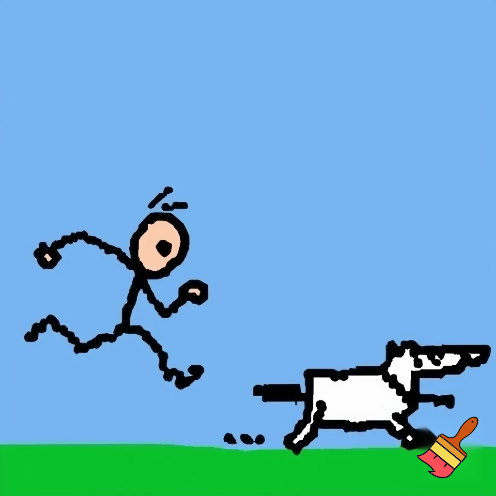 stickman style, ms paint drawing, simple funny cartoon showing a man running away from a dog