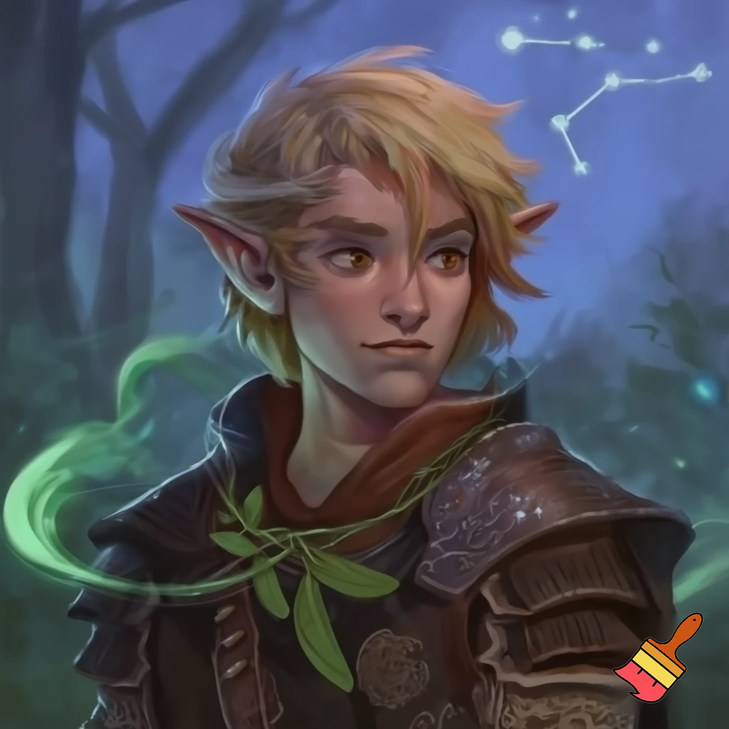 younger male wood elf sage circle of the stars druid pale skin blond hair hazel eyes leather armor with a sprig of mistletoe as a necklace