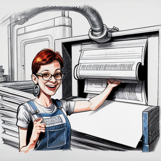 Humorous pencil sketch caricature of a female “star worker” in a printing press, keeping likeness to the photo, exaggerated cheerful smile, expressive eyes with glasses, short hair slightly wind-blown, a few earrings, she has 60 years old, wearing overalls with rolled-up legs and a simple t-shirt, dynamic triumphant pose holding a stack of paper, small ants in work helmets carrying paper, printing machines in the background with spinning rollers and floating sheets, comic-style expressive lines, light hatching and shading, playful and satirical, energetic and lively, not mean-spirited, caricature