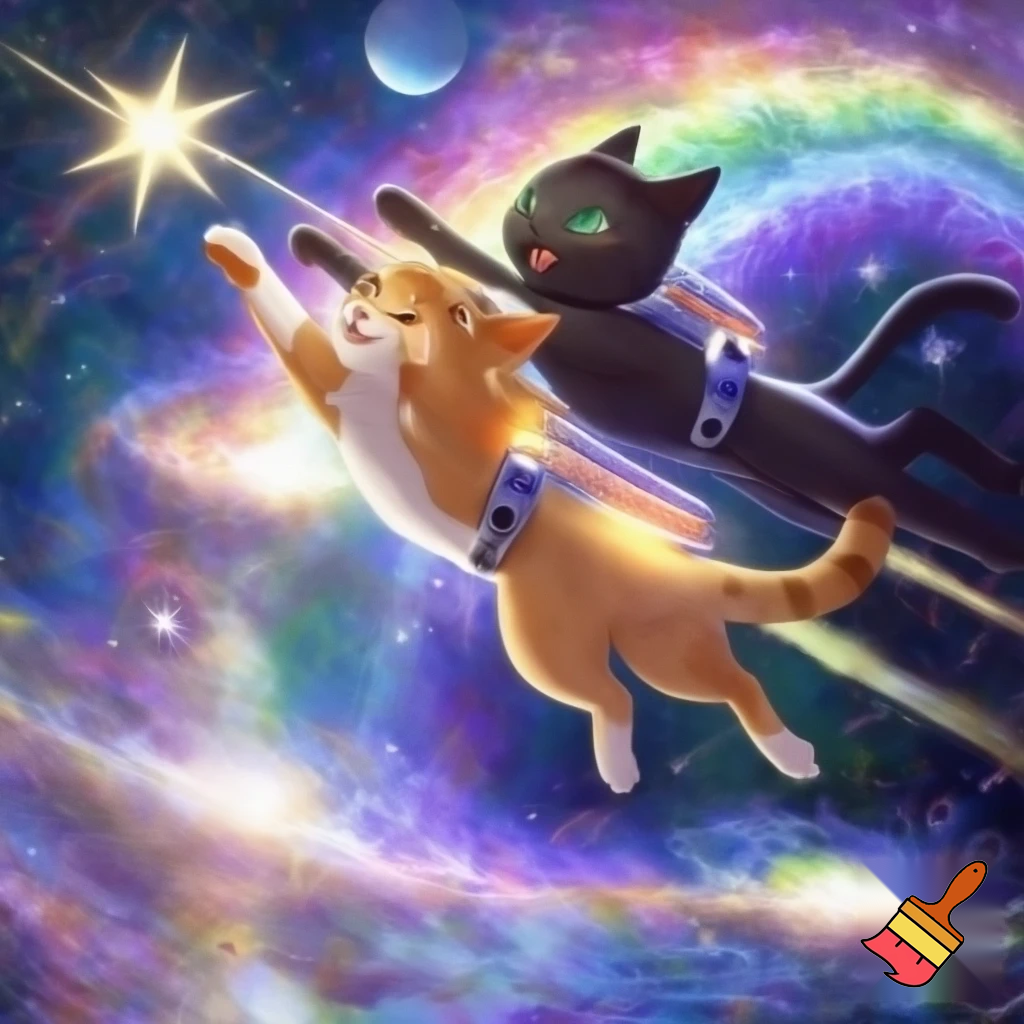 generate me, a cat flying through space with a friend and it has rainbows in the background

