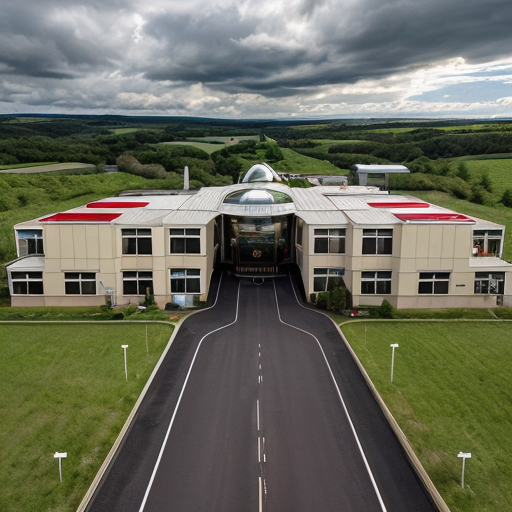 Aerial view of Asland Human peoples and children with sci-fi futuristic clothing at the Asland village with flag of Asland with white field and red-linned black saltire, beige sci-fi futuristic houses with red brick sci-fi futuristic roofs, grey sci-fi futuristic houses with red brick sci-fi futuristic roofs, beige sci-fi futuristic Catholic church with red brick sci-fi futuristic roof, road, gardens, corn fields, meadows taiga forest, hills and cloudy sky in May 2621.