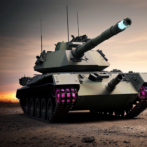 Realistic editorial image of a K2 GF main battle tank for a Polish defense article. Show the tank at dusk in a dramatic battlefield setting. Add subtle blue holographic tactical overlays around the tank to suggest a modern battlefield management system. Include a faint digital map grid, friendly unit markers, route lines, sensor icons, and a compact command interface near the turret. Keep the tank realistic and clearly visible. Emphasize steel armor, long main gun, rugged tracks, and military camouflage. Use moody lighting, strong rim light, and subtle screen-like reflections on the hull. Three-quarter front low-angle view, landscape 16:9, magazine hero image style.