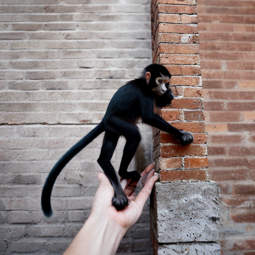 Create a image with a cat and a spider monkey repeling of the side of a brick wall