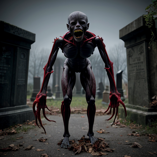 ​Photorealistic horror scene in a foggy, dilapidated cemetery. Three gaunt, emaciated humanoid figures with pitch-black, tar-like skin. The left figure has a head of exposed red flesh, tentacles, and embedded screaming human faces. The center figure's head is split into a gaping fleshy maw with long tendrils, topped with a black human head. The right figure crouches in a predatory stance, its head made of exposed red muscle and facial tentacles. Gloomy overcast sky, bare trees, ruined stone crypts, dead leaves on the ground, cinematic lighting, highly detailed, grimdark atmosphere, 8k.