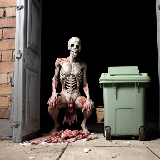 The image depicts a grim and disturbing scene, possibly an outdoor butcher's area or a macabre setup in a derelict location. The overall color palette is dominated by muted browns, grays, and reds, with a significant presence of what appears to be blood and gore.

In the upper portion of the image, a person wearing a blood-stained red apron is standing and appears to be working on something on a table. Their arms are muscular, and their hair is dark and styled up. The table itself is covered with what looks like raw meat and several clear plastic bags containing more of these items.

Below the table, in the lower part of the frame, are two figures. The one on the left is a female form, seated and appearing to be made of flesh, covered in blood and some kind of fibrous material, possibly hair or fabric. Her head is tilted back. To the right of her is another figure, also appearing to be flesh and blood, crouched low. This figure has a more defined face with glasses. Both figures are unsettling and appear to be part of the overall scene of dismemberment or processing.

The background is a crumbling brick wall, suggesting a dilapidated urban environment. There is a dirty window with reflections on the right side. The ground is littered with debris, including plastic bags, scraps of material, and what looks like discarded food items. Two large trash bins are visible on the sides, one brown on the left and a green one on the right, the latter overflowing with corn cobs and other contents.

The composition is vertically oriented, with the standing figure and the table forming the upper half, and the seated figures and the ground clutter occupying the lower half. The lighting is somewhat harsh and uneven, contributing to the unsettling atmosphere. The image has a gritty, low-resolution texture, which adds to its raw and disturbing nature.