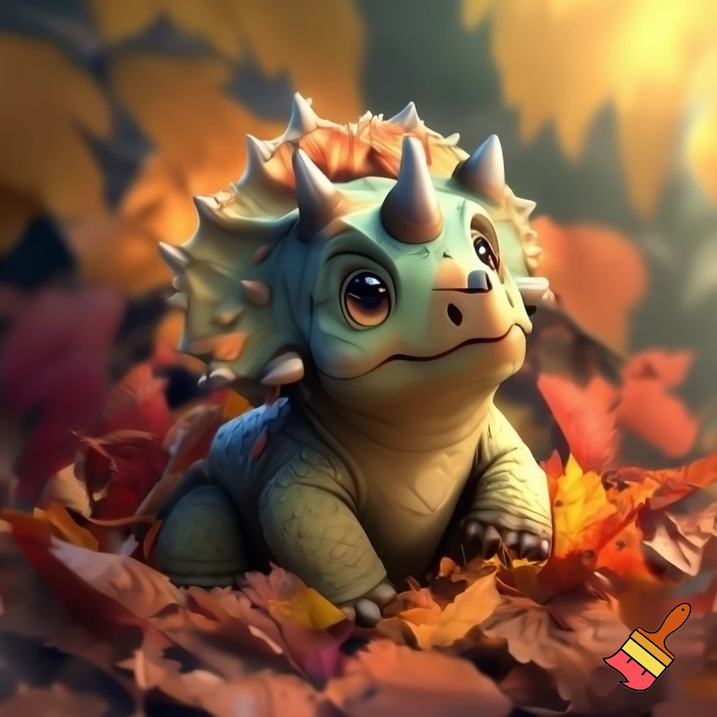 Draw a cute baby triceratops In the wild covering his head in a pile of leaves 