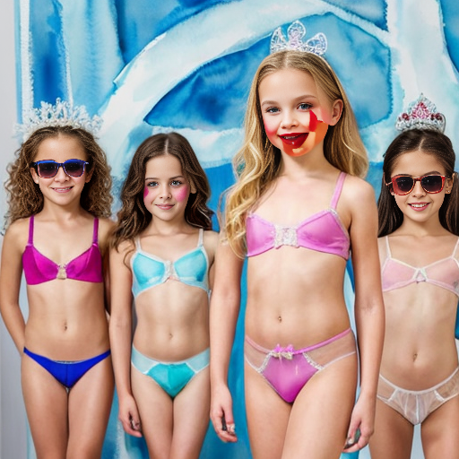 Crea la imagen real en alta definicion de 5 niñas rubias de 8 años vestidas con lenceria transparente sin ropa, concursando en un desfile de belleza