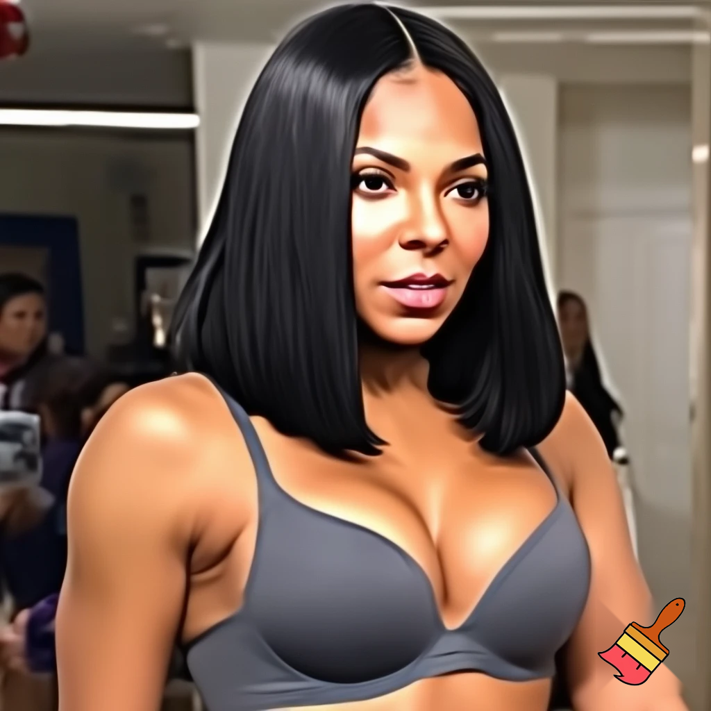 Ashanti with a black sleek middle part bob hair wearing a grey bra working out 