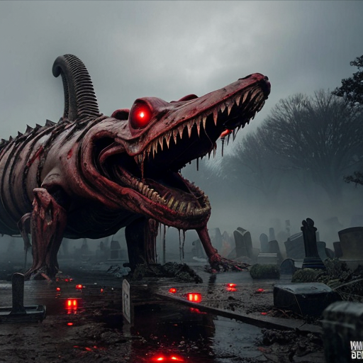 A photorealistic, hyper-detailed dark fantasy horror scene. A colossal, floating bio-mechanical leviathan hovers menacingly over a foggy, desolate graveyard. The creature is a grotesque fusion of rotting, dripping flesh, exposed muscle, and dark metallic machinery, featuring a massive gaping maw with jagged teeth and numerous intensely glowing red optical sensors dotting its body. Viscous gore drips from its underbelly. In the foreground, heavily mutilated humanoid corpses covered in wet blood and raw flesh are rising from muddy, open graves among weathered stone crosses. The atmosphere is grim, cinematic, and terrifying, with thick atmospheric fog, a dark overcast sky, and stark contrast between the desaturated greys of the cemetery and the vivid, glowing crimson reds. Shot on 35mm lens, 8k resolution, highly realistic texturing.