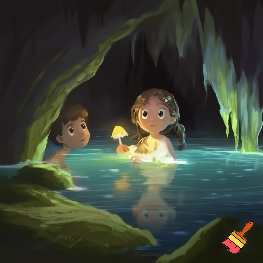 Girl and boy in cave with water
