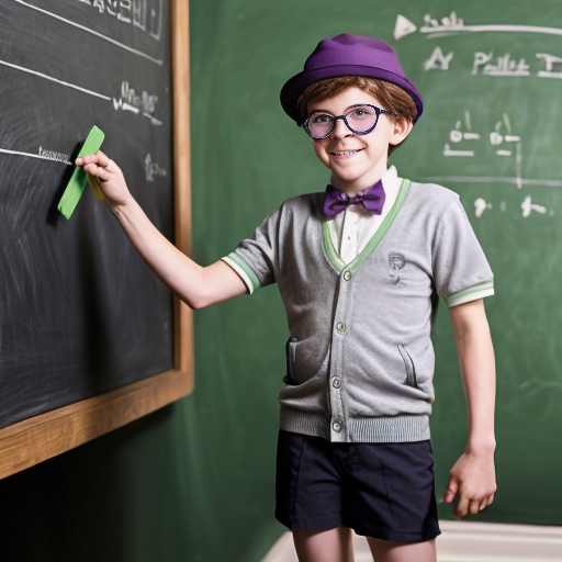 A scene from a 1980's animated Don Bluth movie of a little boy with pale skin, green eyes, freckles, short black combed-back hair, wearing a plum purple trilby hat with a green band, big round black glasses, a white short-sleeved polo shirt with a plum purple cardigan sweater over it, a green bowtie, darker plum purple shorts, white & green striped socks, and darker plum purple oxford shoes, holding a piece of chalk in his hand, and standing in front of a chalkboard with a ton of equations written on it, with a smug smile on his face.